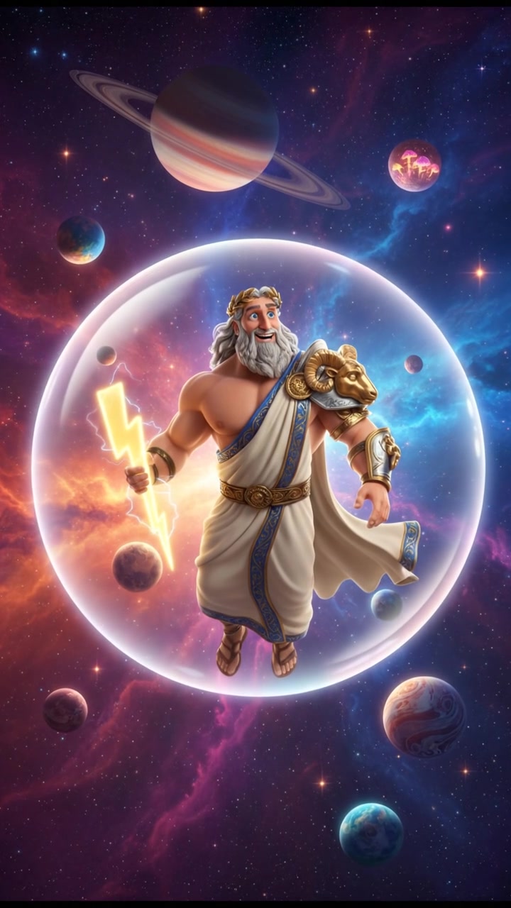 floating through space in a bubble or spaceship, surrounded by colorful stars and planets