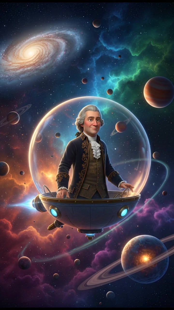 floating through space in a bubble or spaceship, surrounded by colorful stars and planets