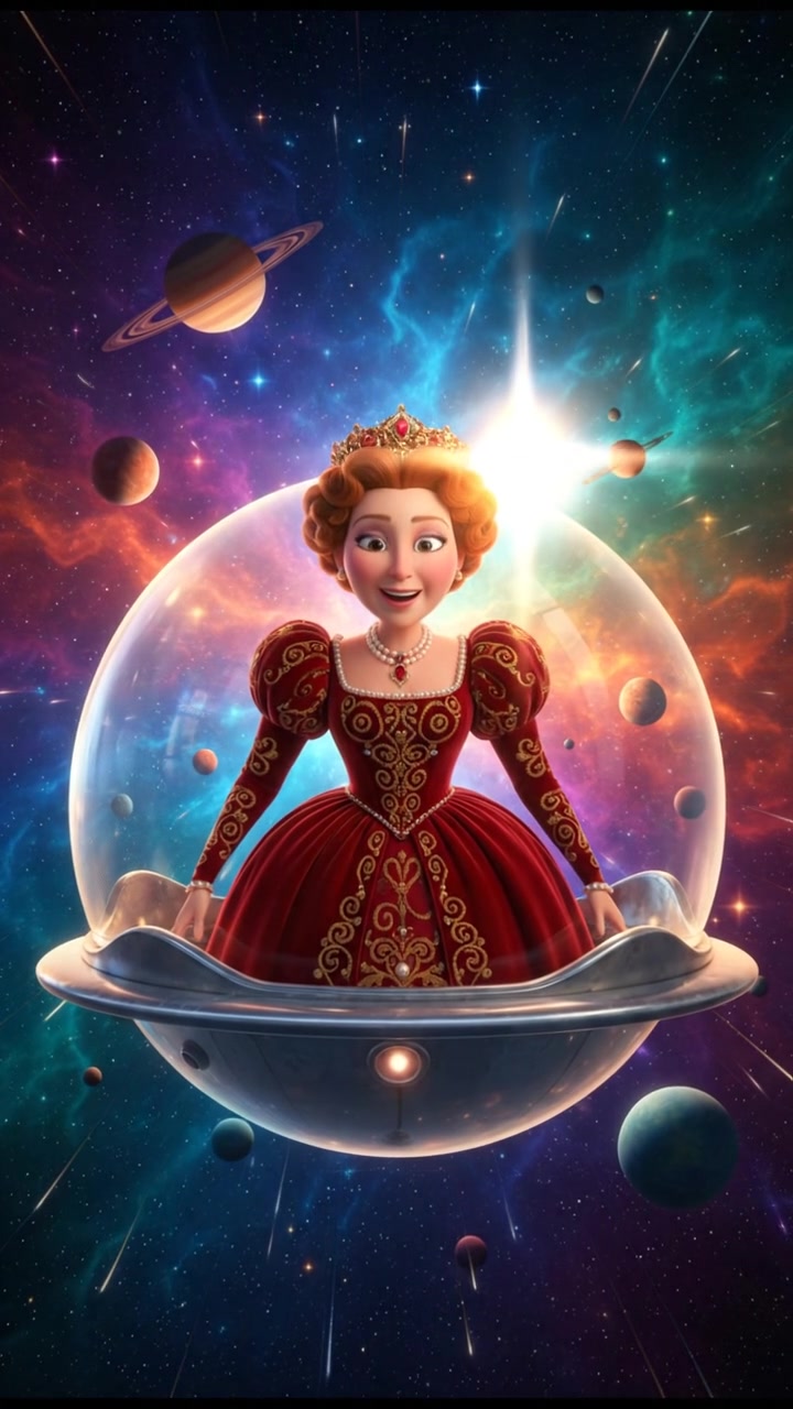 floating through space in a bubble or spaceship, surrounded by colorful stars and planets