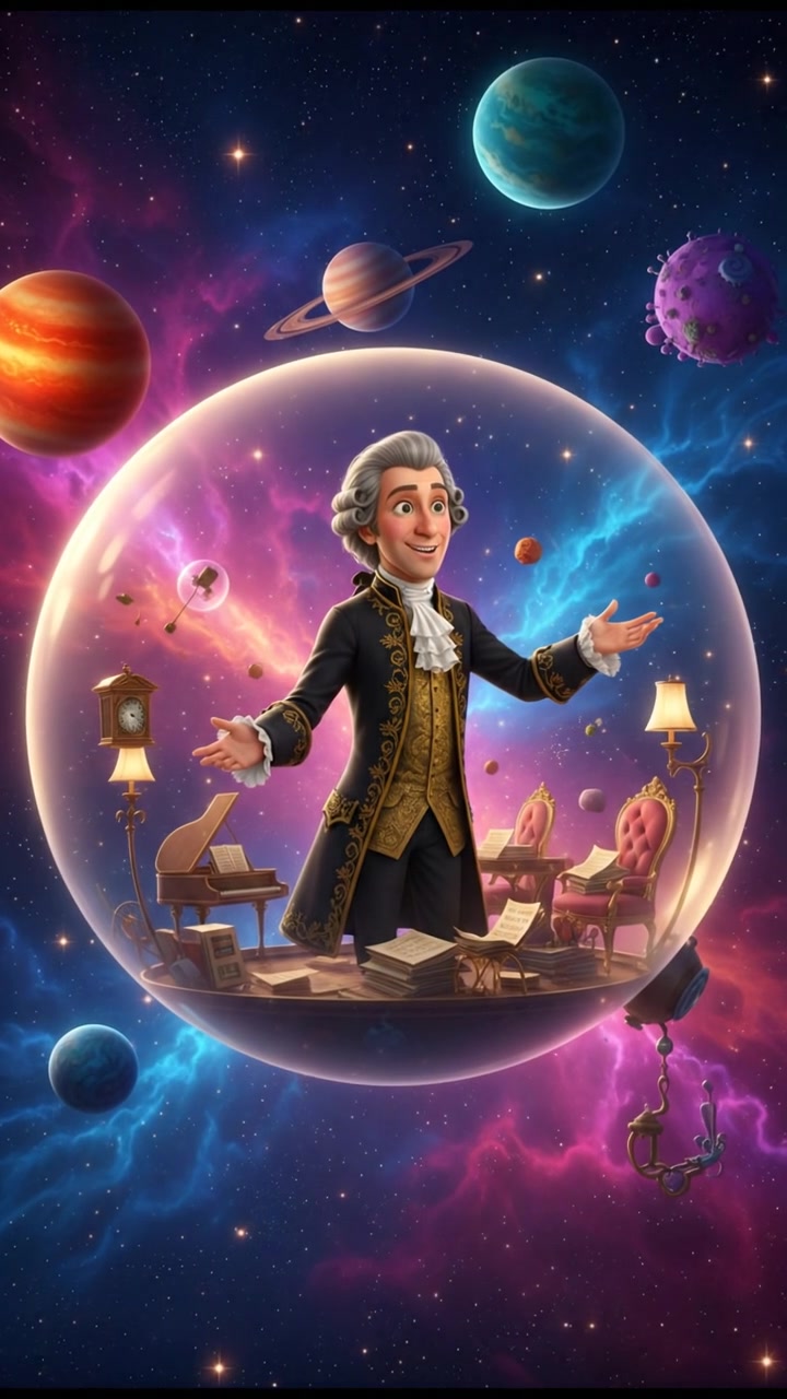 floating through space in a bubble or spaceship, surrounded by colorful stars and planets