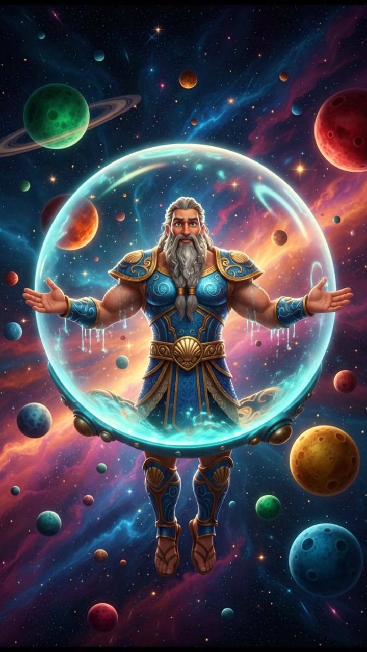 floating through space in a bubble or spaceship, surrounded by colorful stars and planets