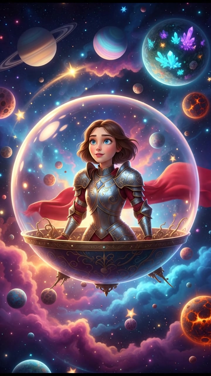 floating through space in a bubble or spaceship, surrounded by colorful stars and planets