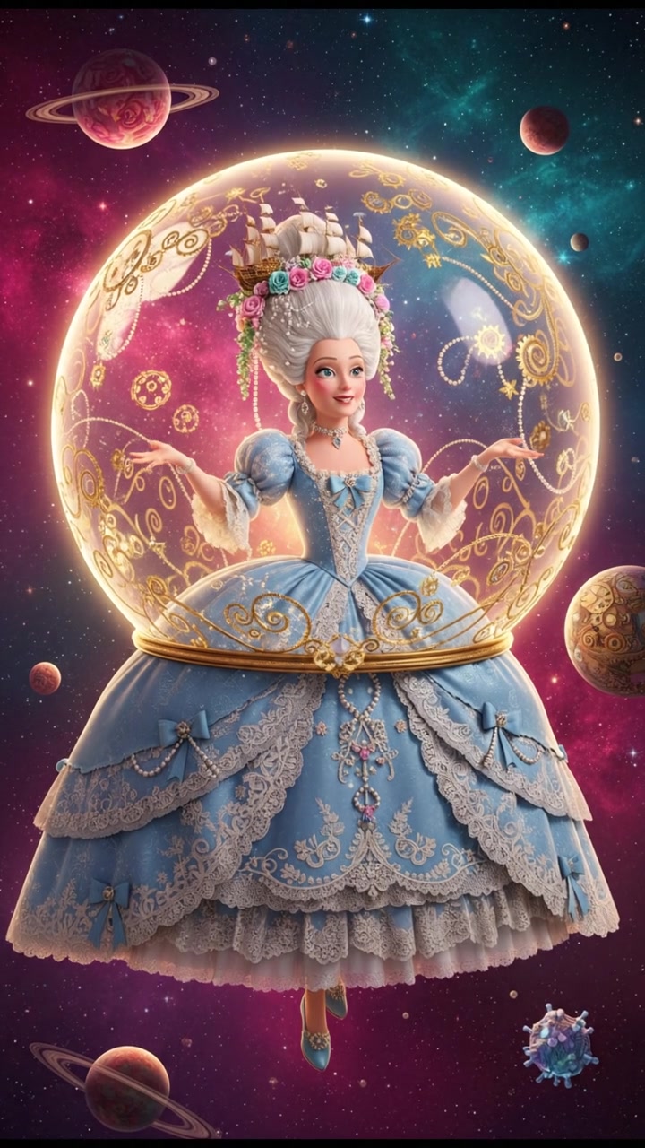 floating through space in a bubble or spaceship, surrounded by colorful stars and planets