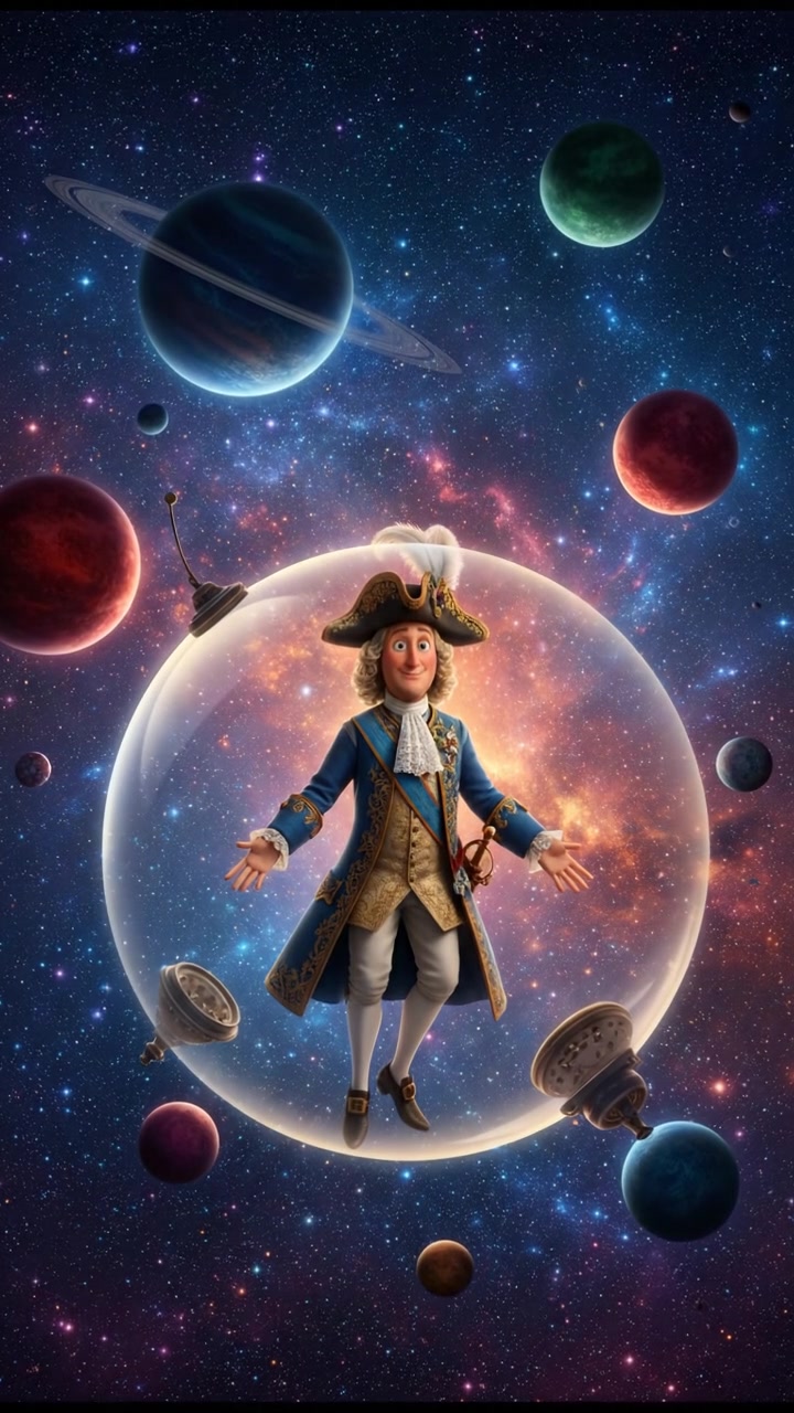 floating through space in a bubble or spaceship, surrounded by colorful stars and planets