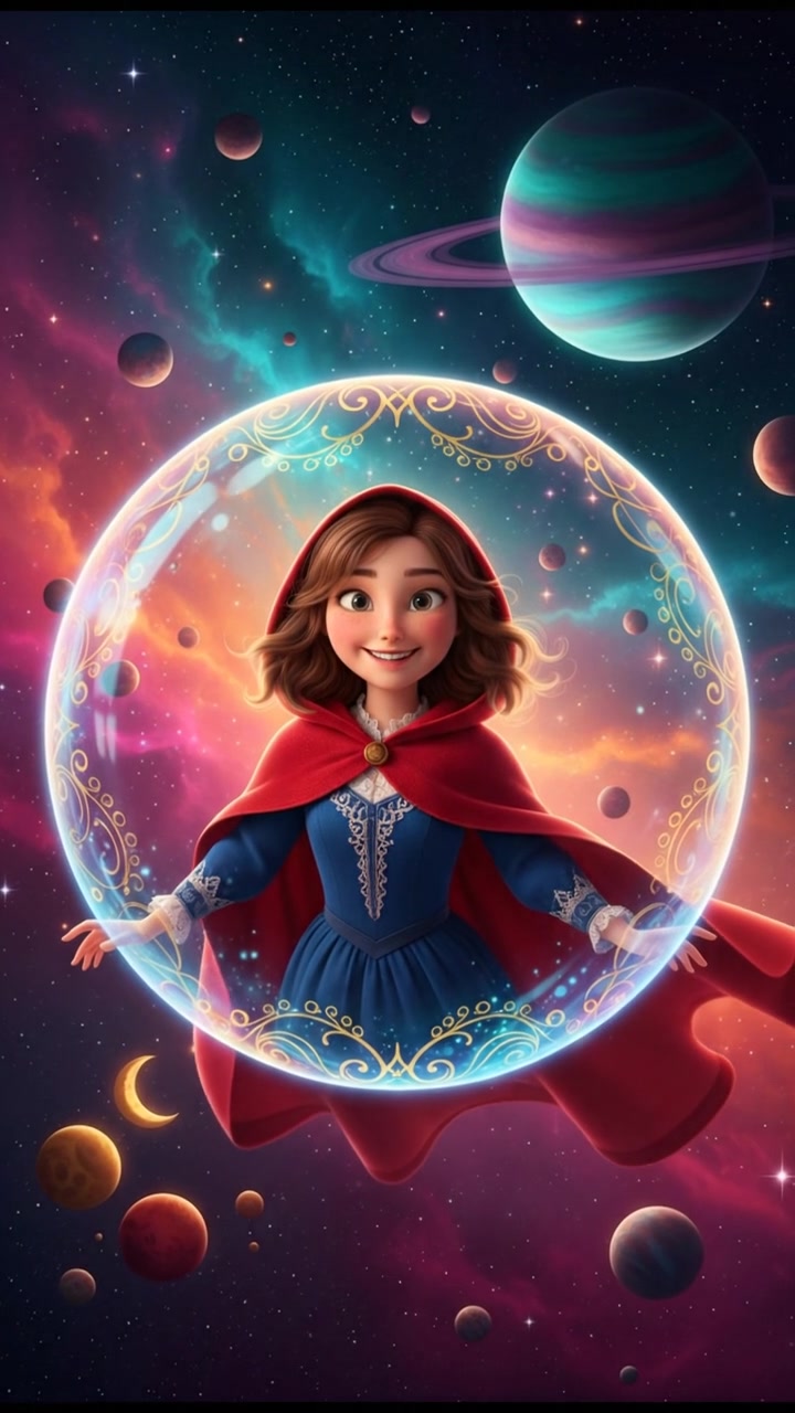 floating through space in a bubble or spaceship, surrounded by colorful stars and planets