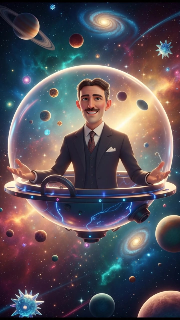 floating through space in a bubble or spaceship, surrounded by colorful stars and planets