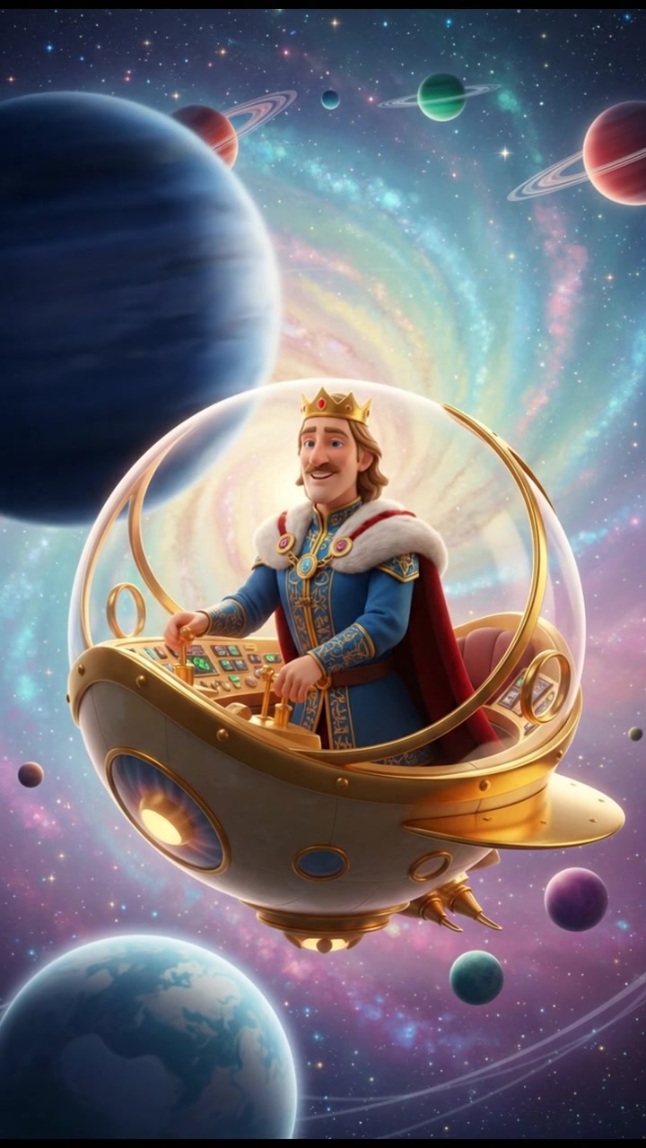 floating through space in a bubble or spaceship, surrounded by colorful stars and planets