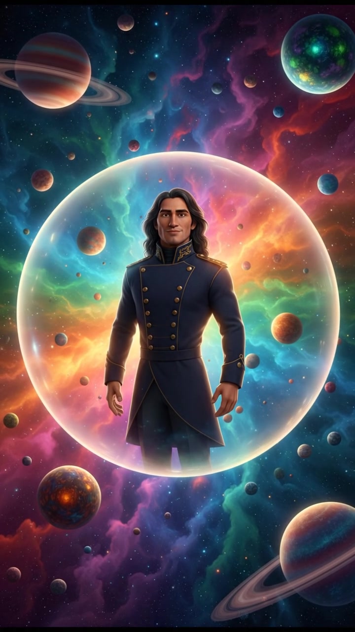 floating through space in a bubble or spaceship, surrounded by colorful stars and planets