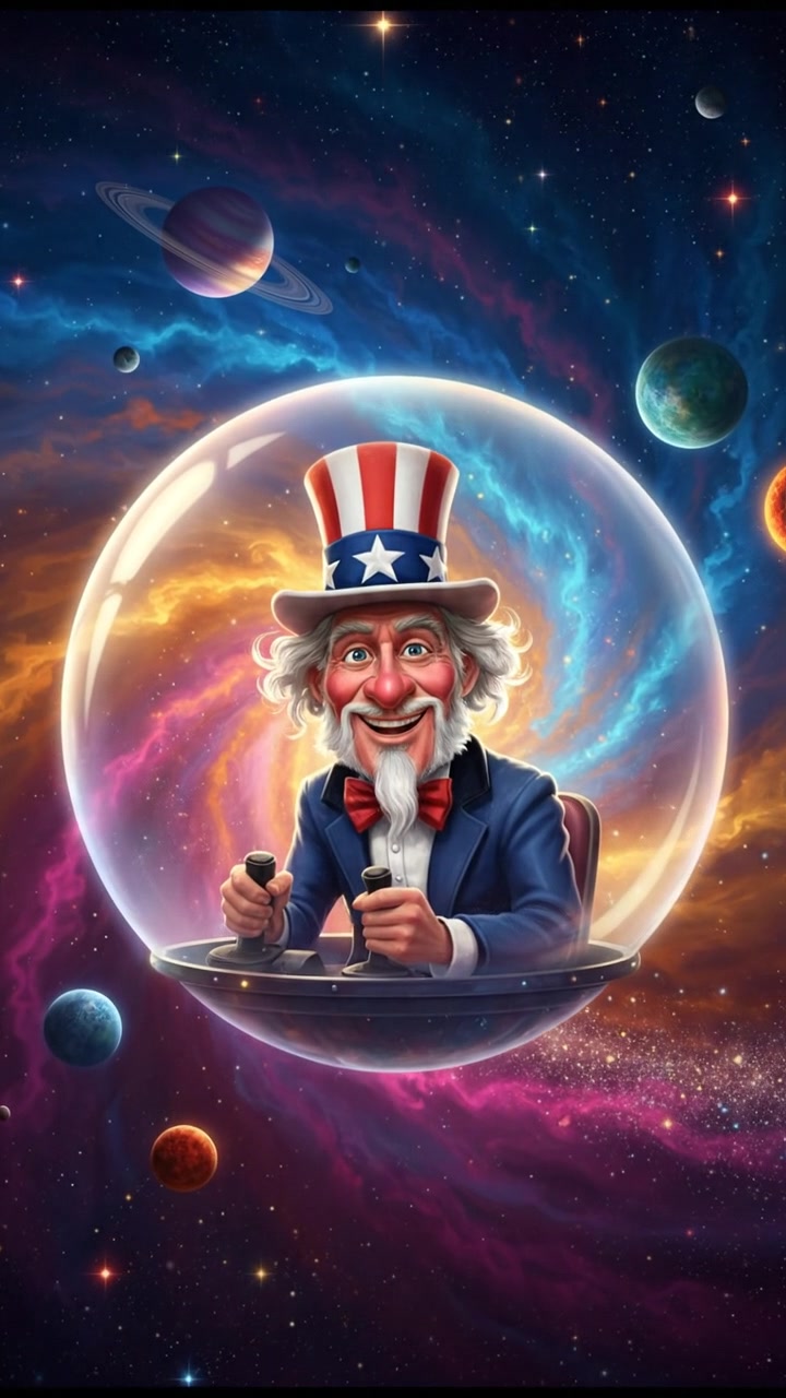 floating through space in a bubble or spaceship, surrounded by colorful stars and planets