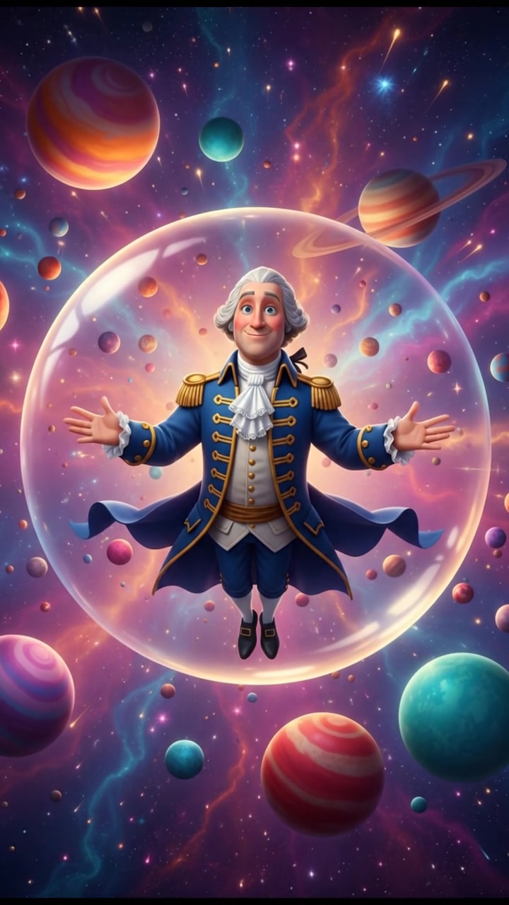 floating through space in a bubble or spaceship, surrounded by colorful stars and planets