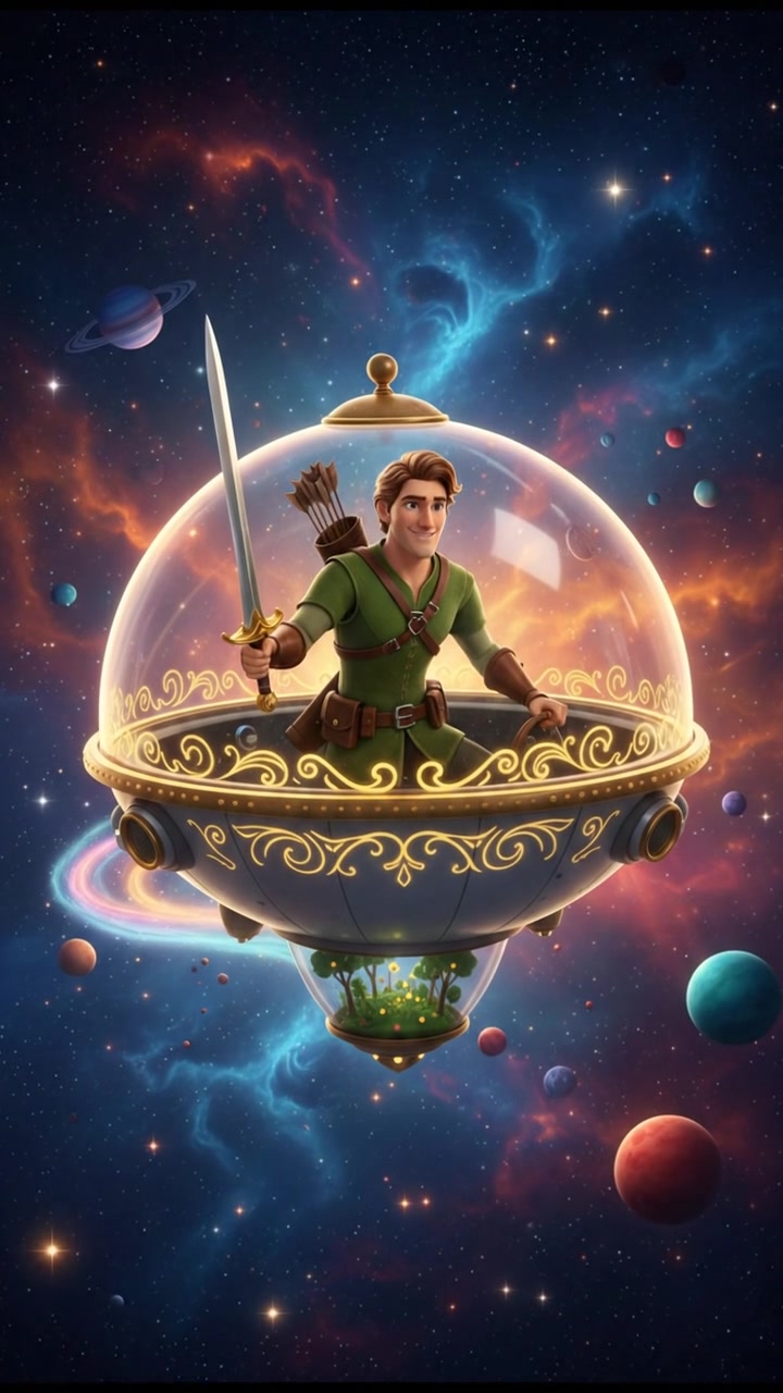 floating through space in a bubble or spaceship, surrounded by colorful stars and planets