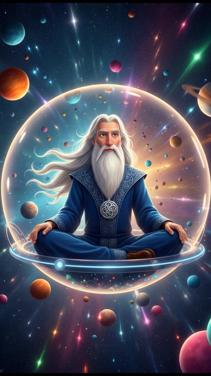 floating through space in a bubble or spaceship, surrounded by colorful stars and planets