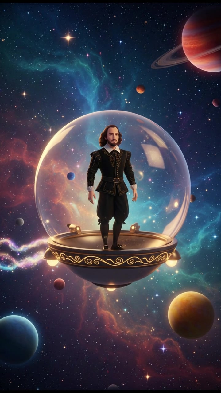 floating through space in a bubble or spaceship, surrounded by colorful stars and planets