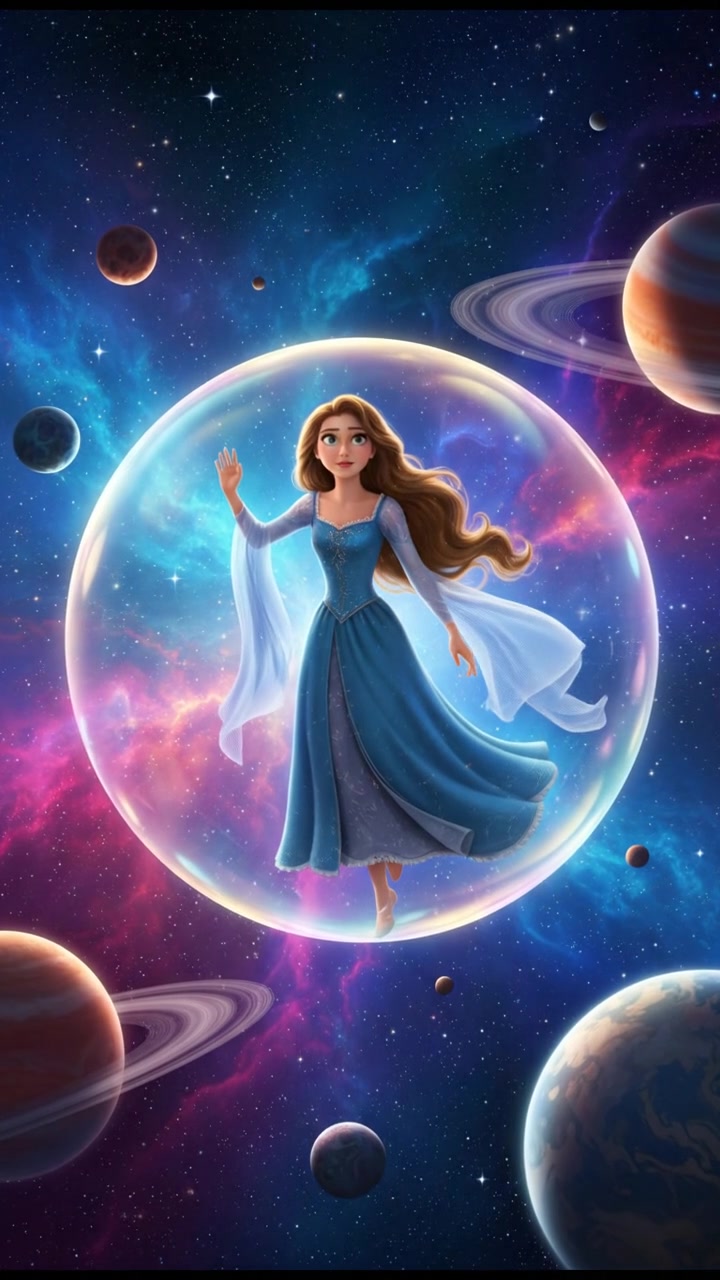 floating through space in a bubble or spaceship, surrounded by colorful stars and planets
