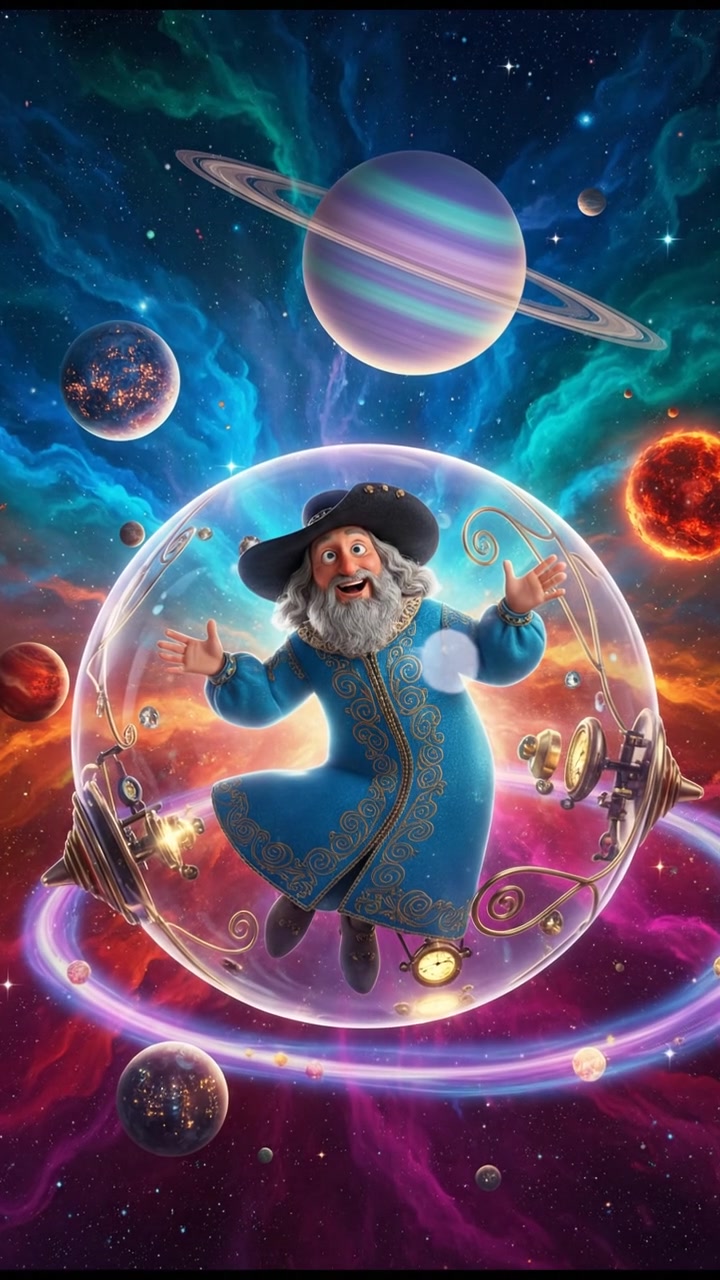 floating through space in a bubble or spaceship, surrounded by colorful stars and planets