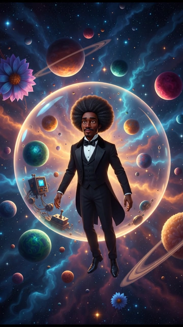 floating through space in a bubble or spaceship, surrounded by colorful stars and planets