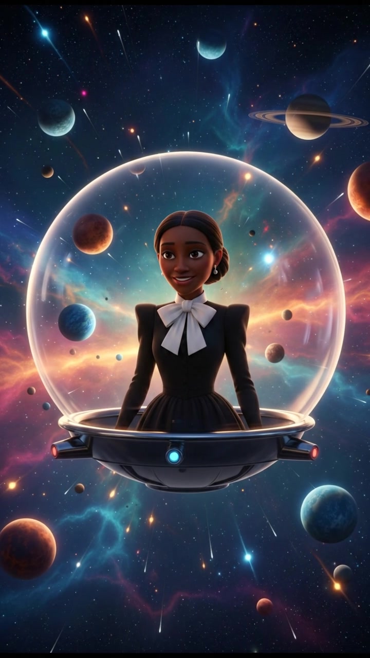 floating through space in a bubble or spaceship, surrounded by colorful stars and planets