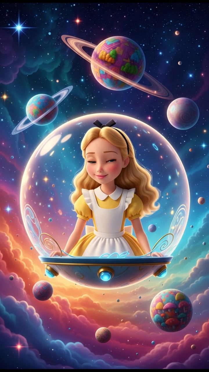 floating through space in a bubble or spaceship, surrounded by colorful stars and planets