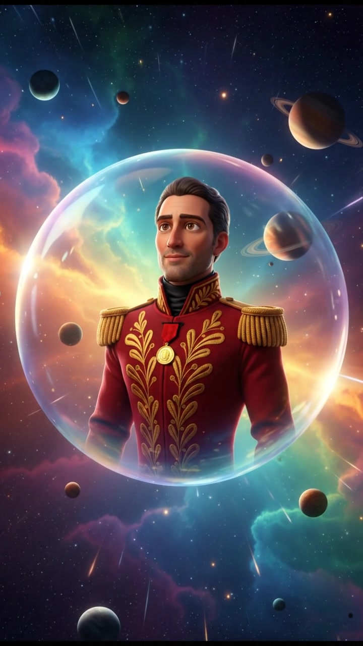 floating through space in a bubble or spaceship, surrounded by colorful stars and planets