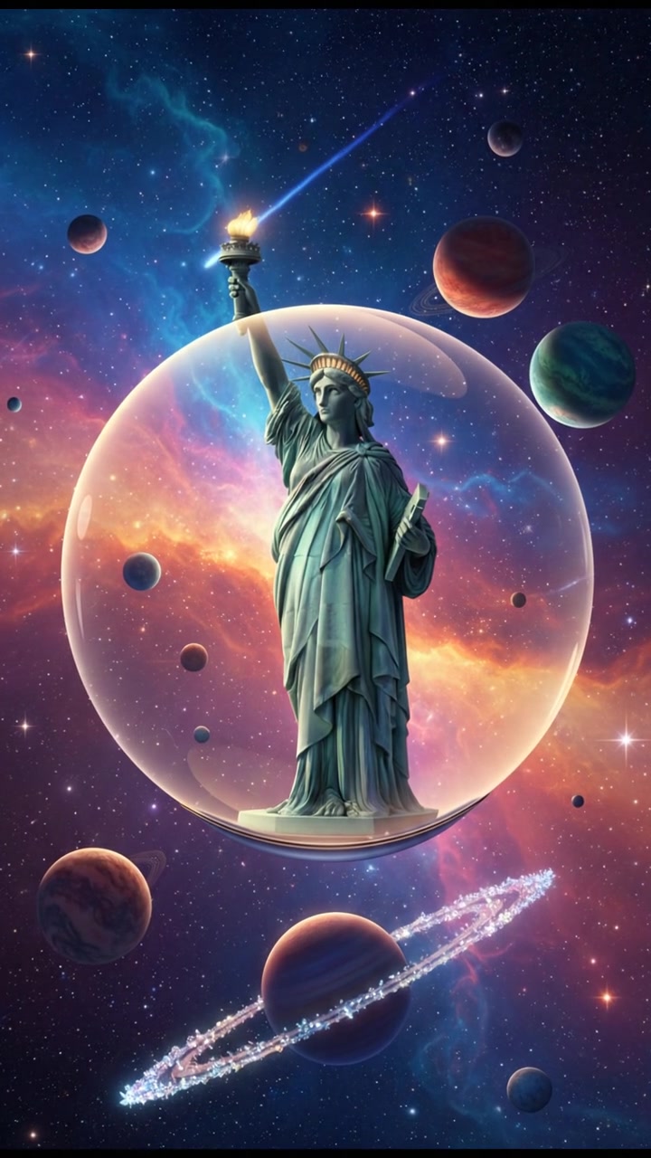 floating through space in a bubble or spaceship, surrounded by colorful stars and planets