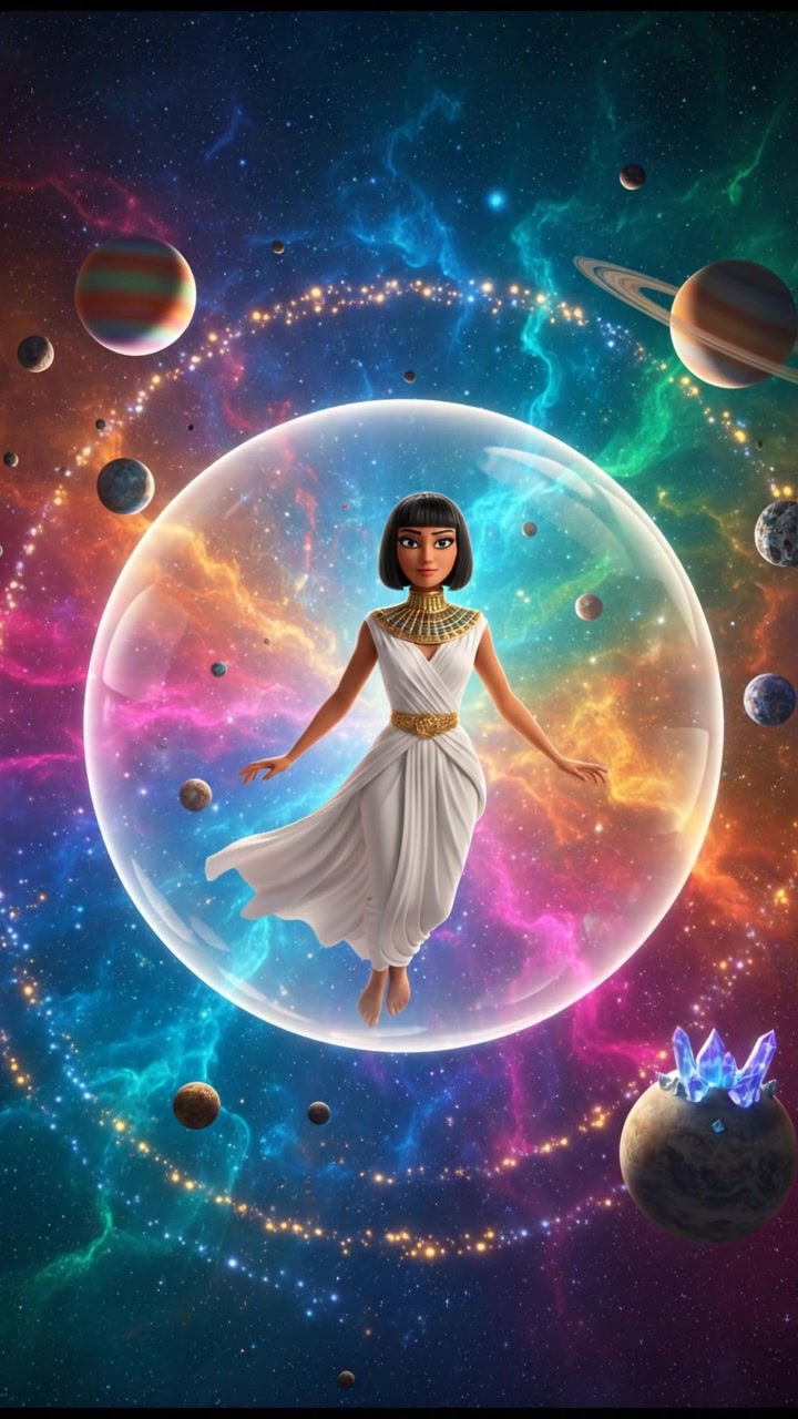 floating through space in a bubble or spaceship, surrounded by colorful stars and planets