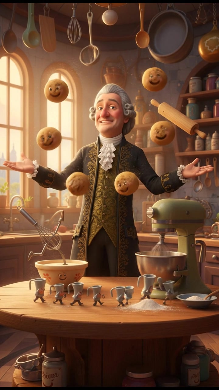 baking cookies in a whimsical kitchen with animated utensils and dancing dough