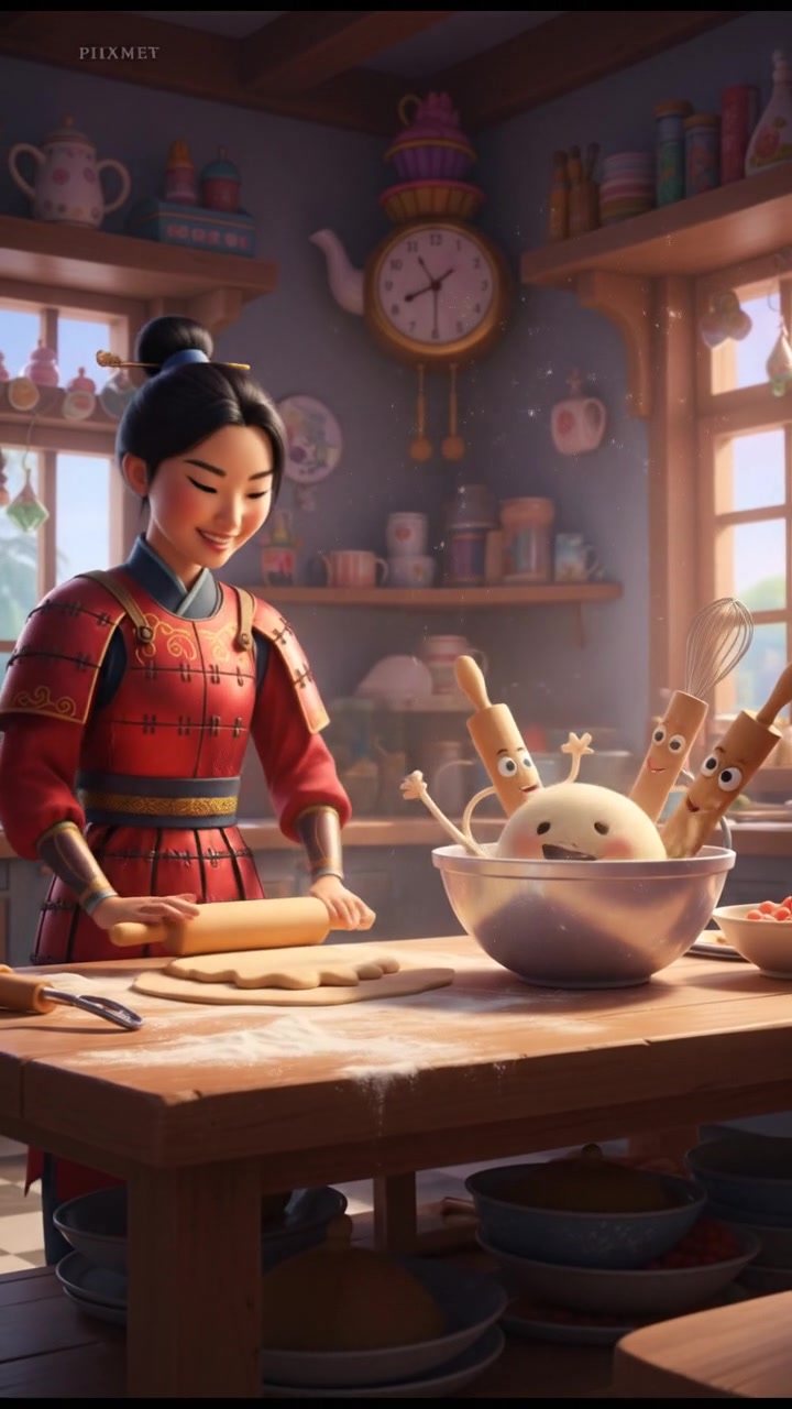baking cookies in a whimsical kitchen with animated utensils and dancing dough