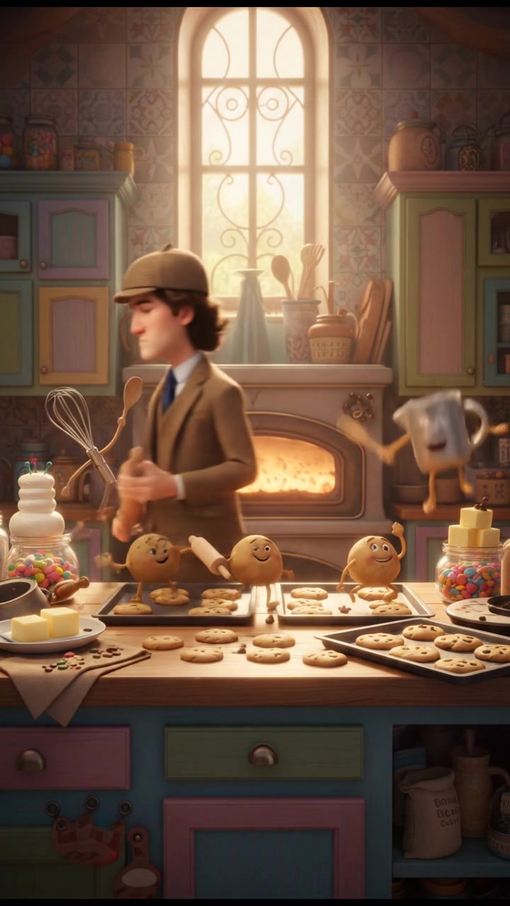 baking cookies in a whimsical kitchen with animated utensils and dancing dough