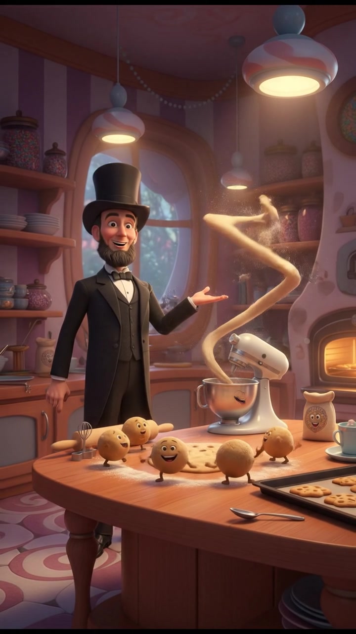 baking cookies in a whimsical kitchen with animated utensils and dancing dough