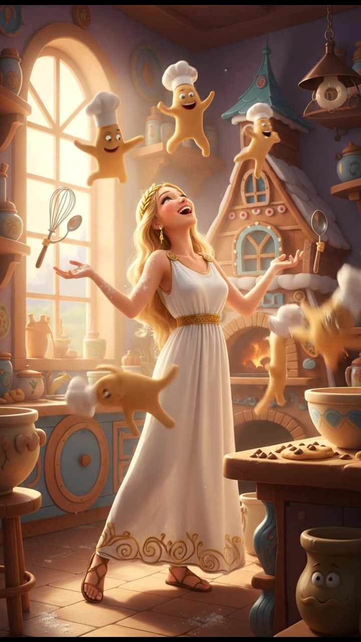 baking cookies in a whimsical kitchen with animated utensils and dancing dough