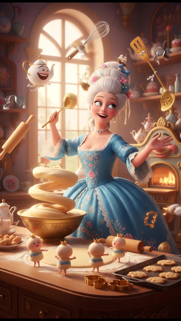 baking cookies in a whimsical kitchen with animated utensils and dancing dough
