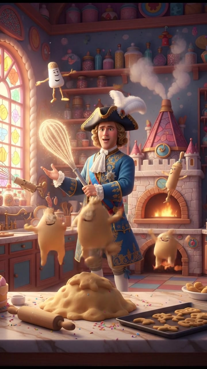baking cookies in a whimsical kitchen with animated utensils and dancing dough