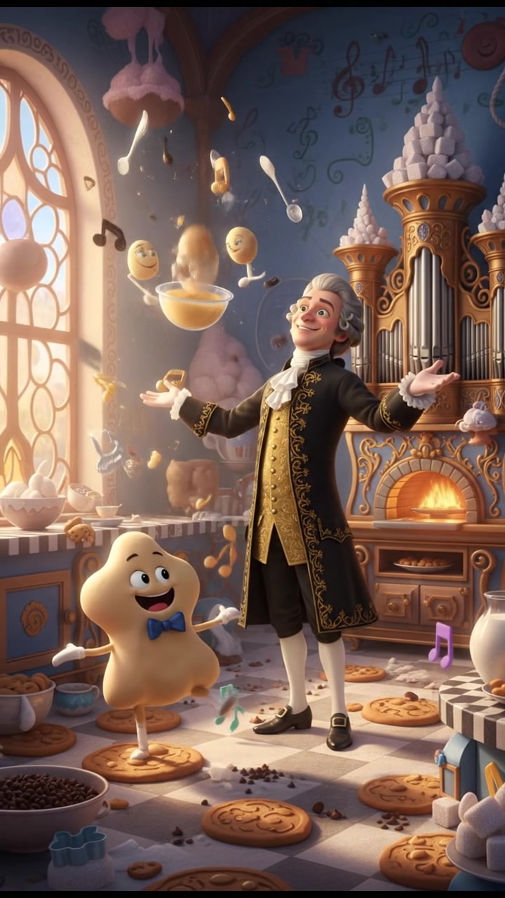 baking cookies in a whimsical kitchen with animated utensils and dancing dough