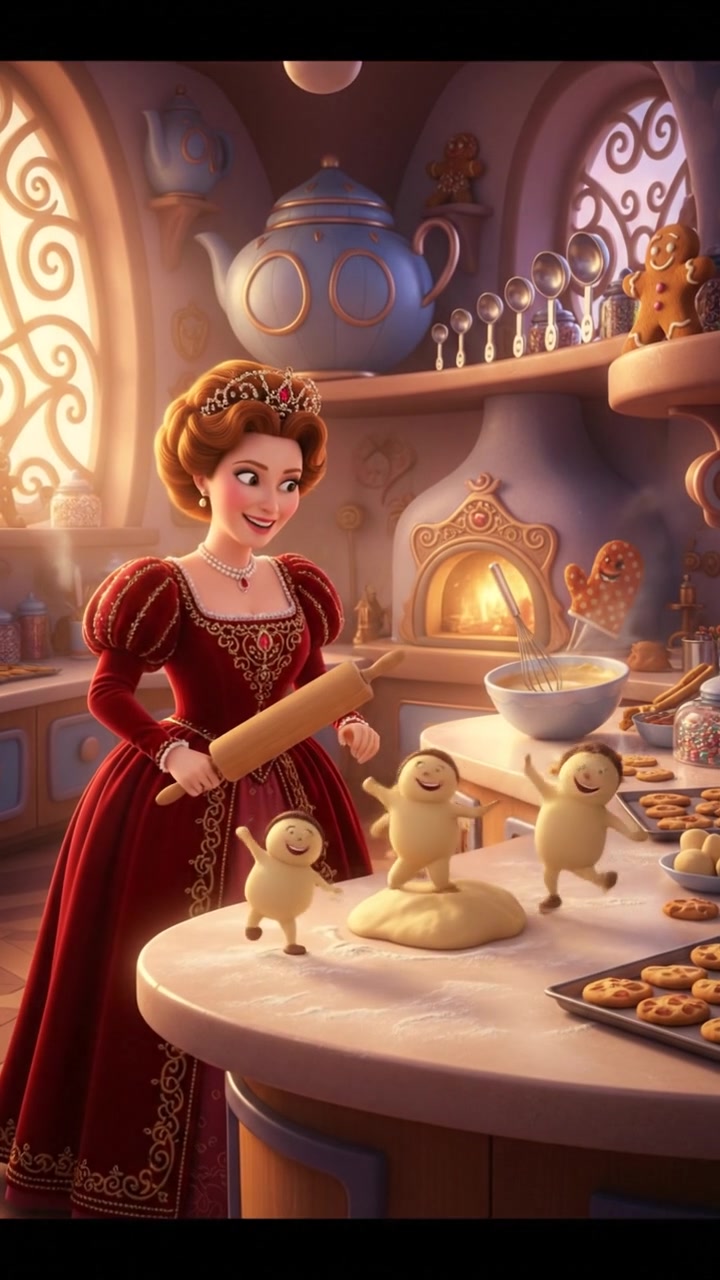 baking cookies in a whimsical kitchen with animated utensils and dancing dough