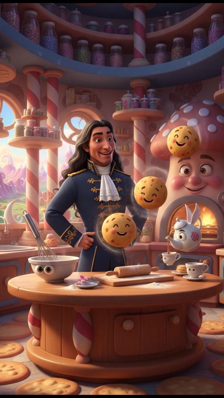 baking cookies in a whimsical kitchen with animated utensils and dancing dough