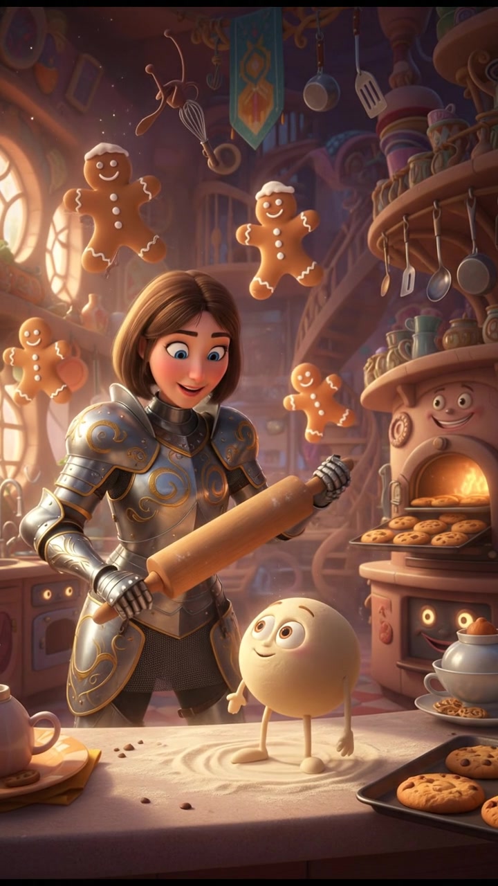 baking cookies in a whimsical kitchen with animated utensils and dancing dough