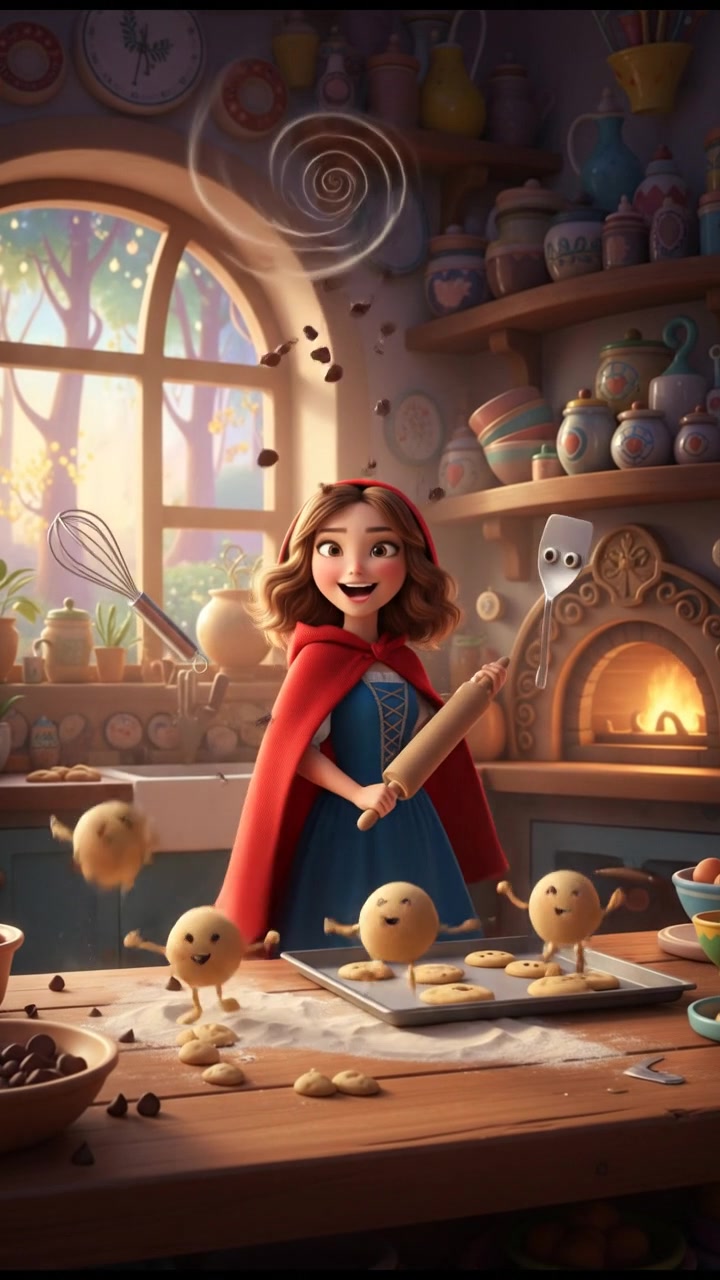 baking cookies in a whimsical kitchen with animated utensils and dancing dough