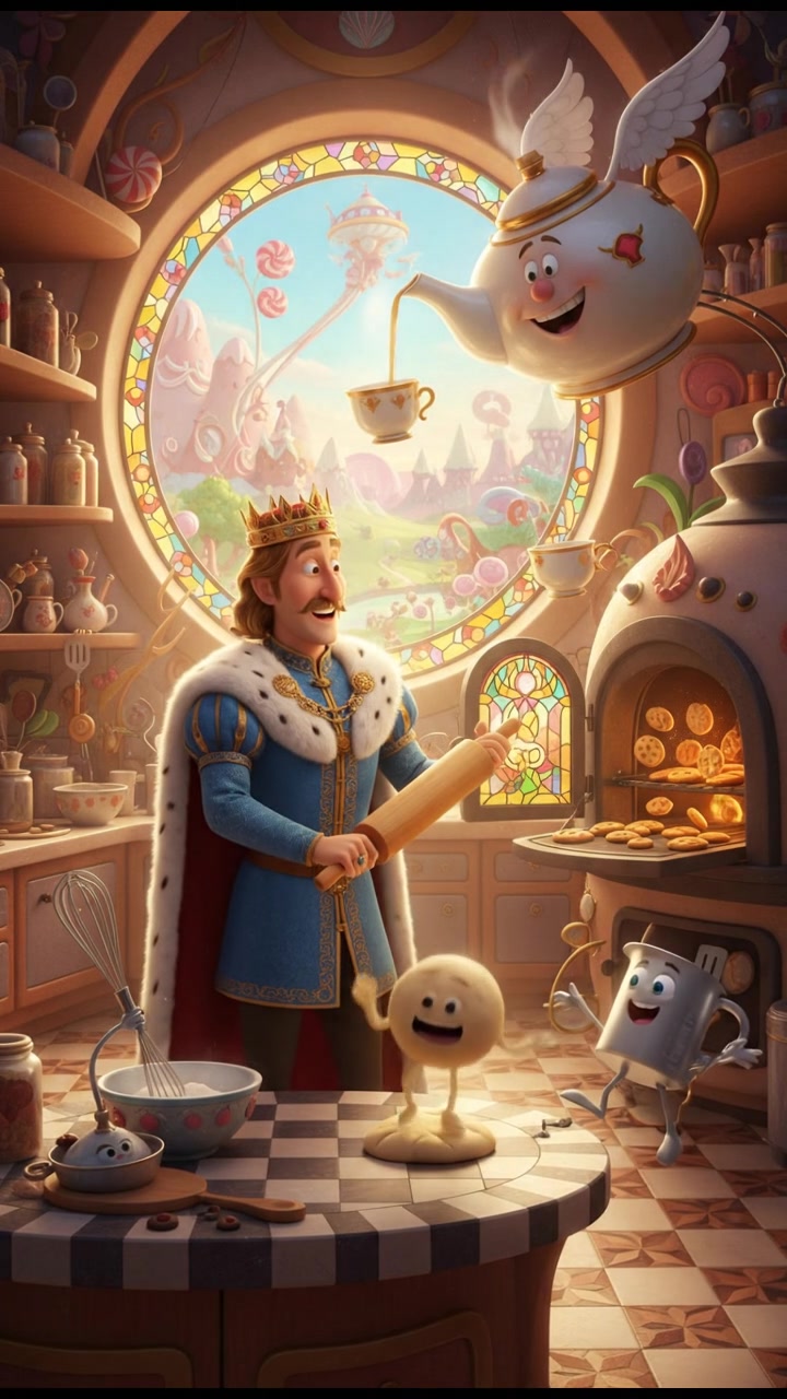 baking cookies in a whimsical kitchen with animated utensils and dancing dough