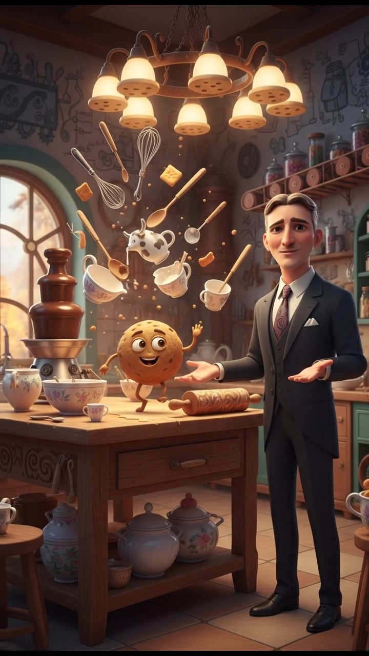 baking cookies in a whimsical kitchen with animated utensils and dancing dough