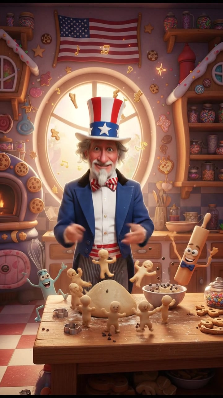 baking cookies in a whimsical kitchen with animated utensils and dancing dough