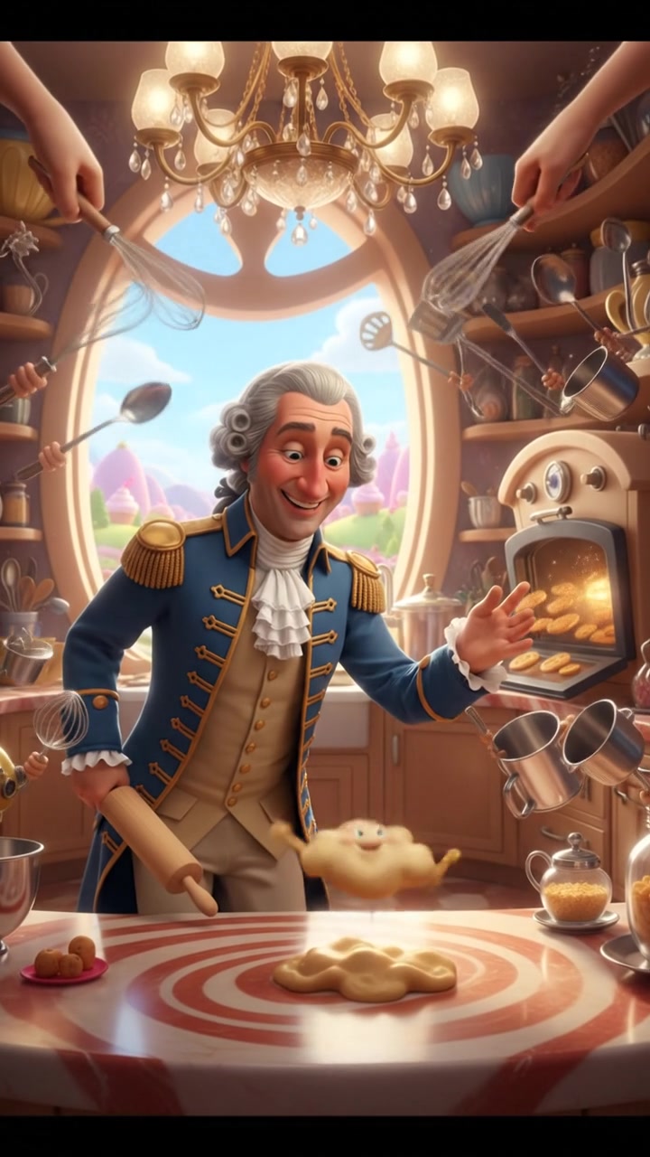baking cookies in a whimsical kitchen with animated utensils and dancing dough