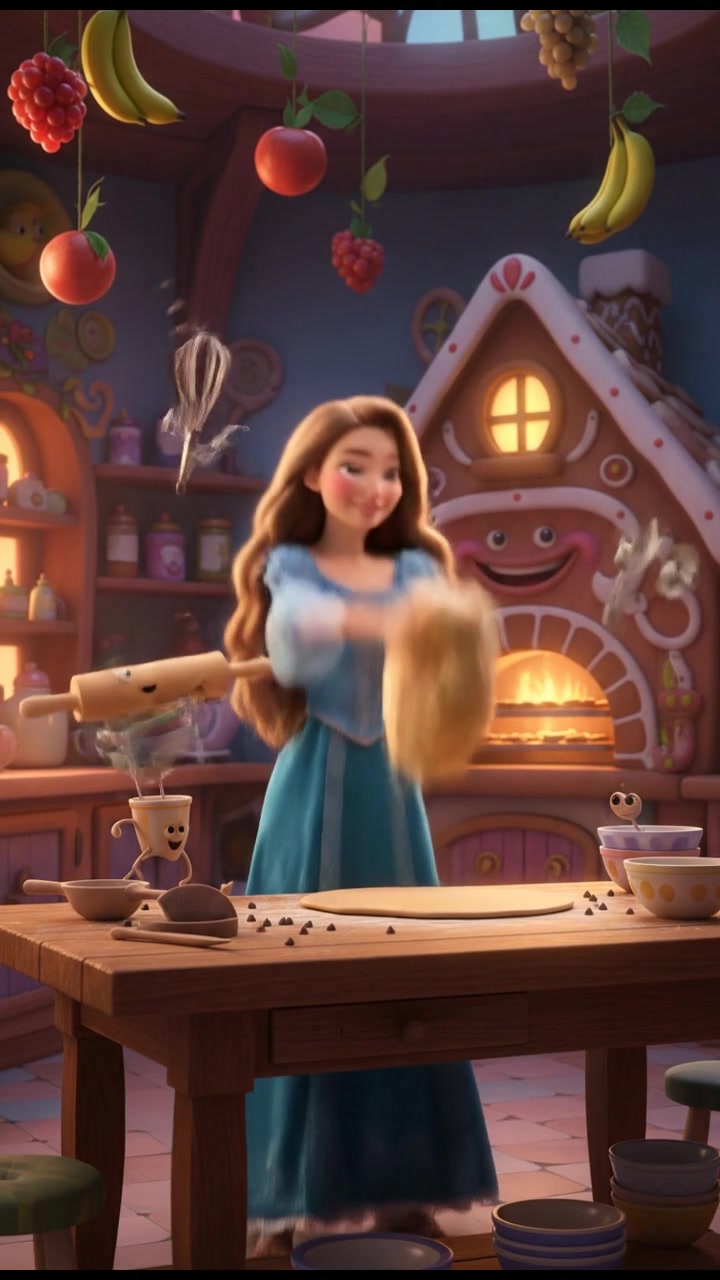 baking cookies in a whimsical kitchen with animated utensils and dancing dough