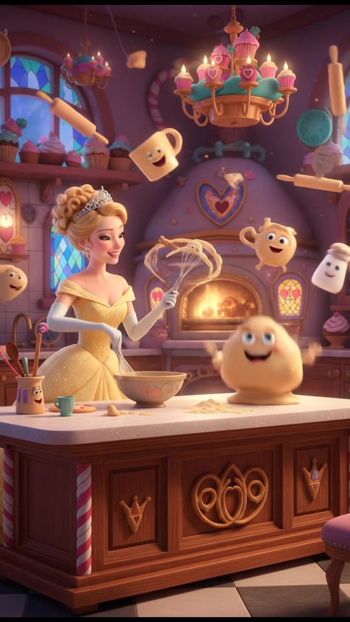 baking cookies in a whimsical kitchen with animated utensils and dancing dough