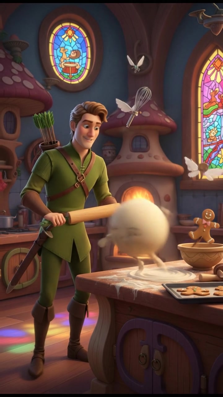baking cookies in a whimsical kitchen with animated utensils and dancing dough