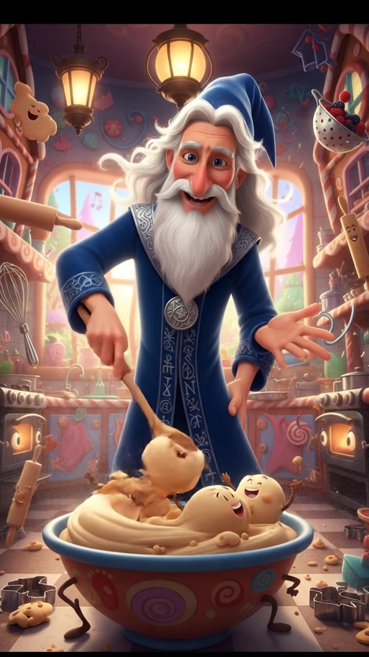 baking cookies in a whimsical kitchen with animated utensils and dancing dough