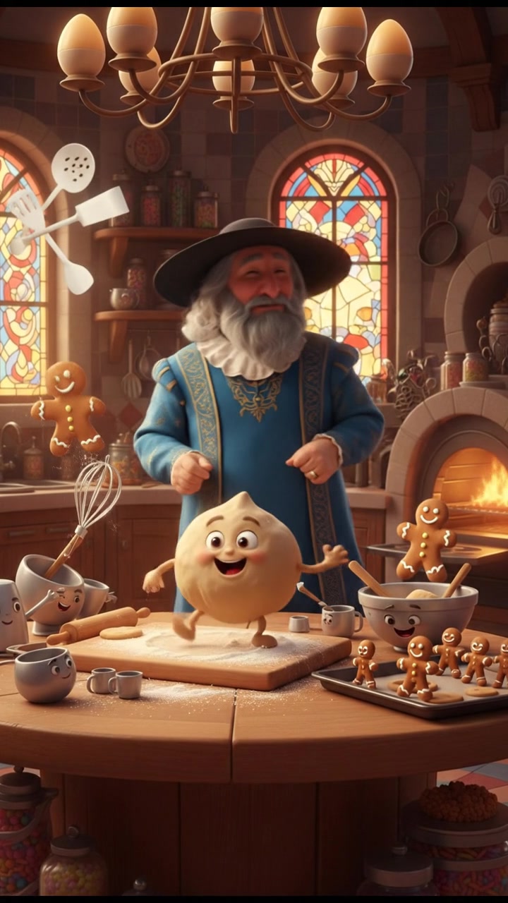 baking cookies in a whimsical kitchen with animated utensils and dancing dough