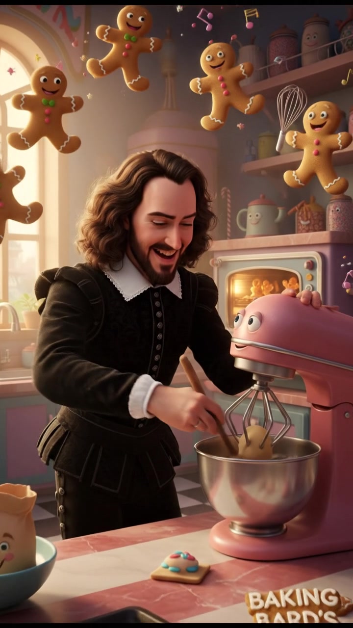 baking cookies in a whimsical kitchen with animated utensils and dancing dough