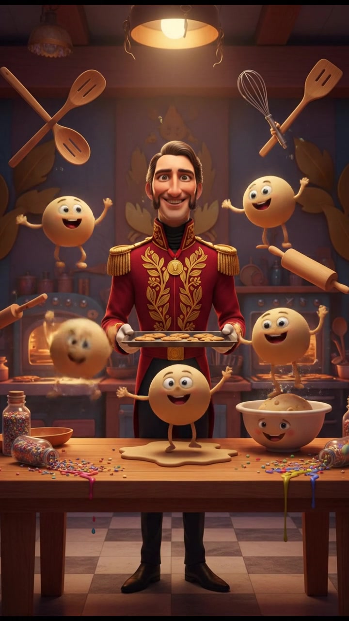baking cookies in a whimsical kitchen with animated utensils and dancing dough