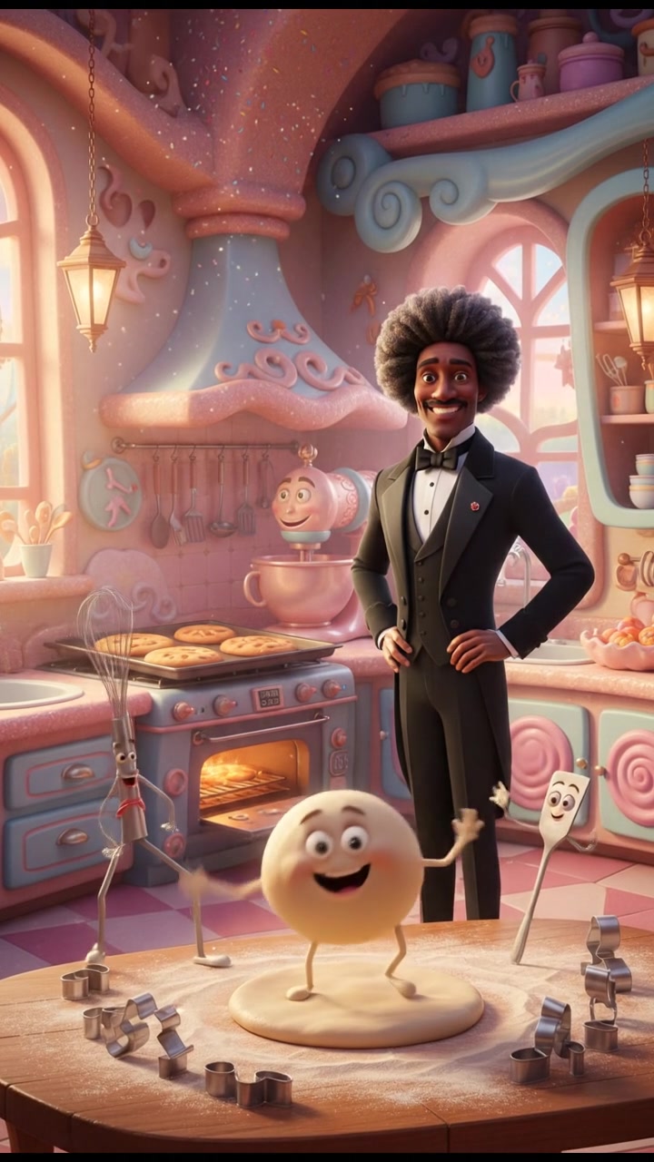 baking cookies in a whimsical kitchen with animated utensils and dancing dough