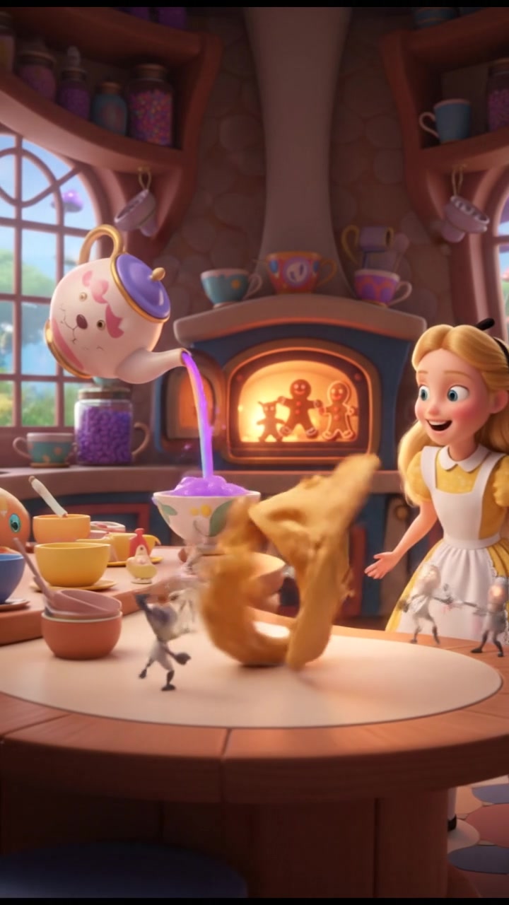 baking cookies in a whimsical kitchen with animated utensils and dancing dough